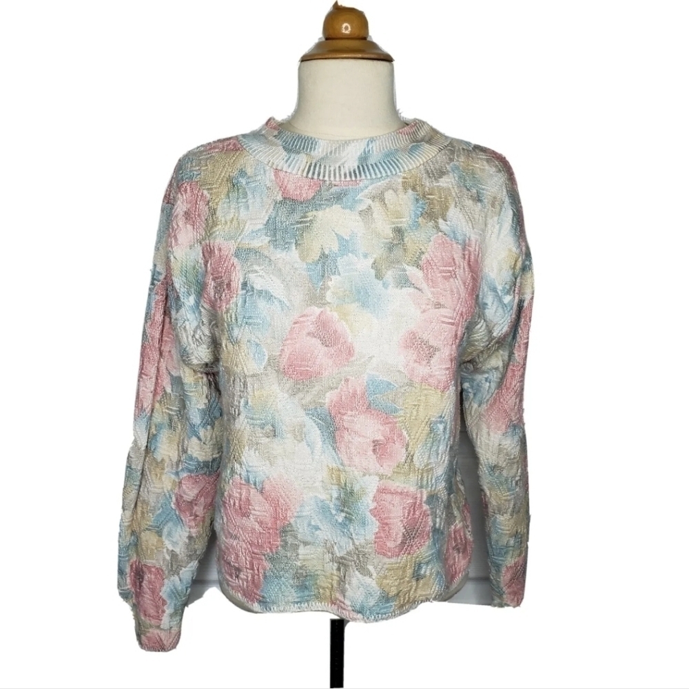 Vintage Y2K 1990s Floral Textured Cropped Sweater by S.W.A.K. Small Made in USA